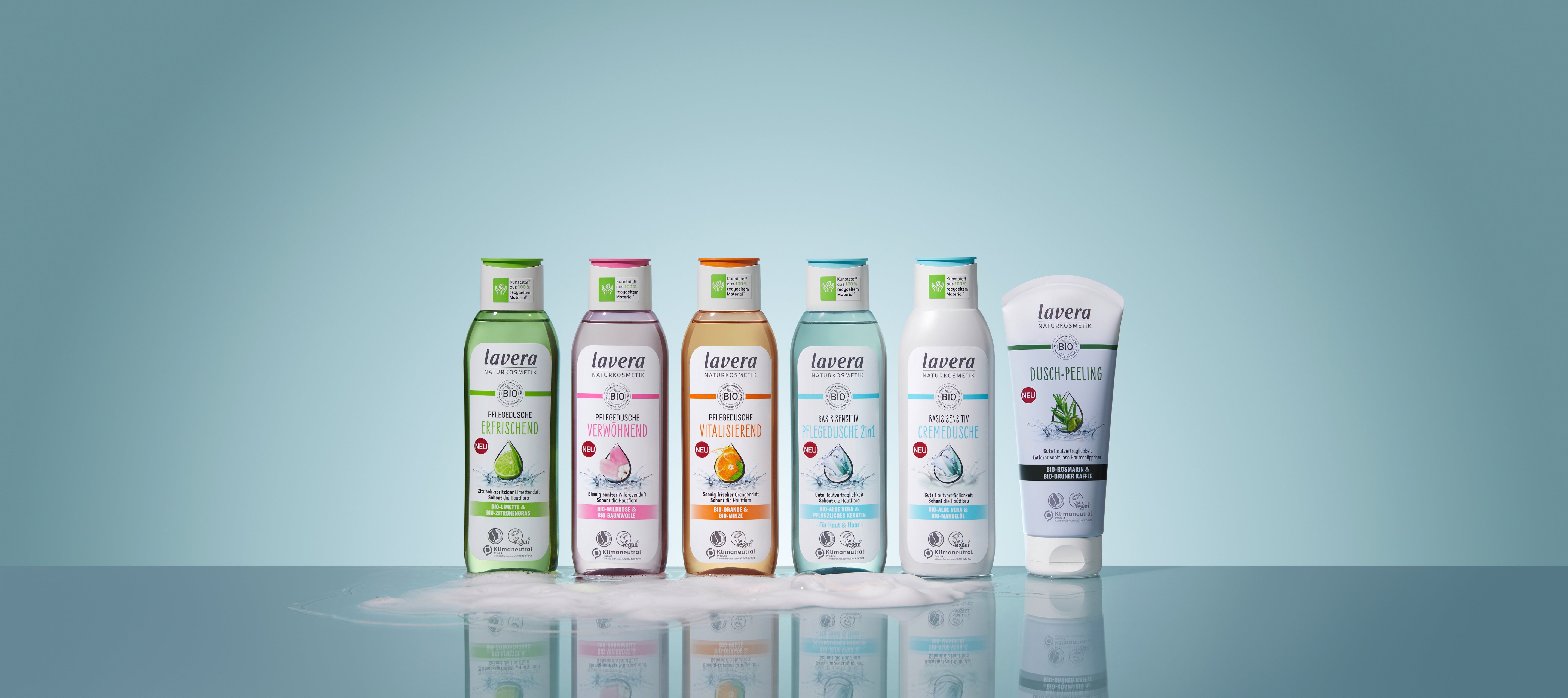 alle lavera Duschen in einer Reihe