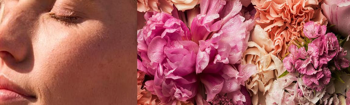 Porträt einer Frau neben einem üppigen Blumenstrauß